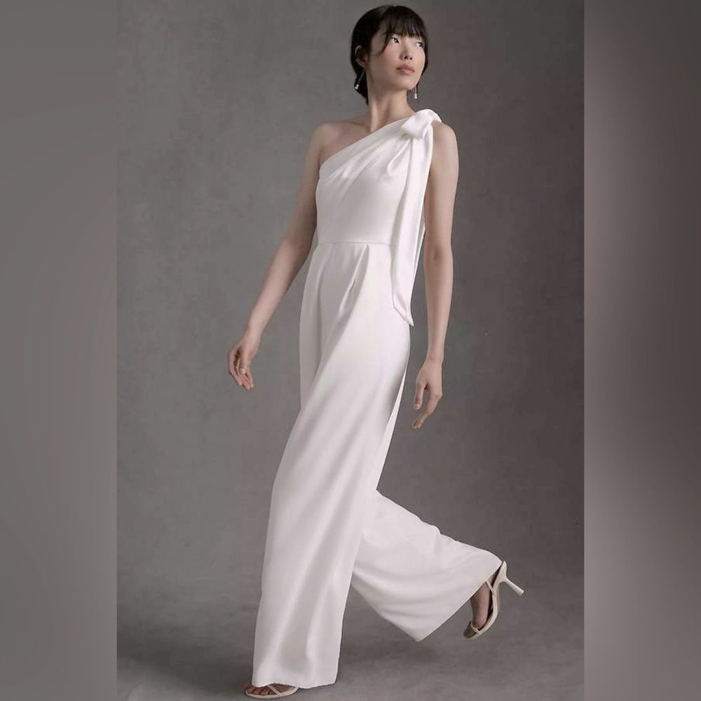Amsale Ivory Lottie One-Shoulder Wide-Leg Jumpsuit
